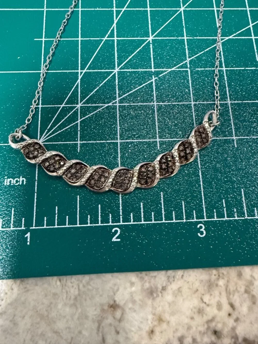 Elegant Sterling Silver Black Spinel Wavy Bar Pendant Necklace Art Deco gift 6g